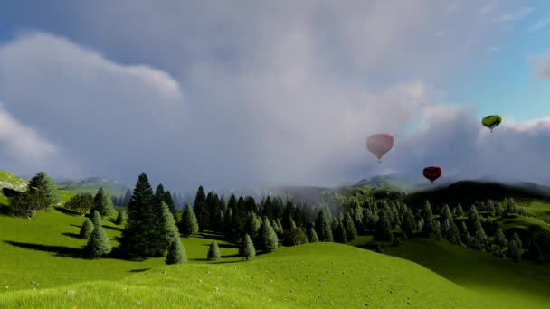 Ballons d'air sous forêt et montagnes — Vidéo gratuite