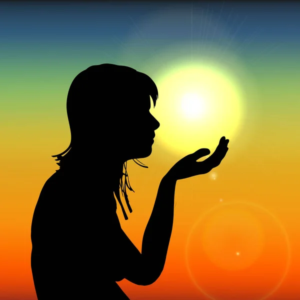 Mujer silueta al atardecer sosteniendo el sol en la mano al atardecer. Vector — Archivo Imágenes Vectoriales