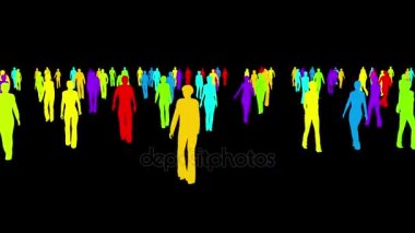Siyah bir arka plan üzerinde yürüyen insanlar çok renkli siluetleri