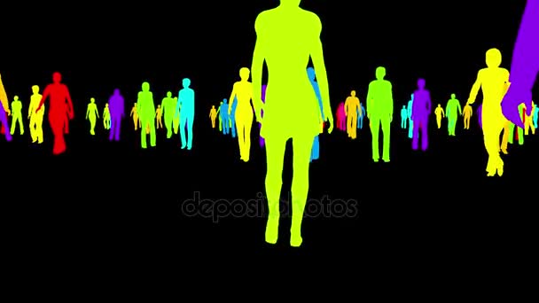 Silhouette multicolori di persone che camminano su uno sfondo nero — Video Stock