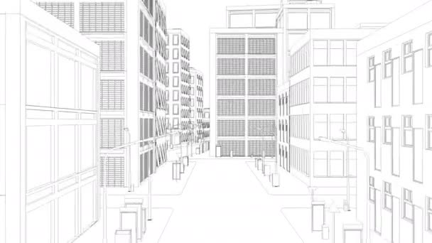 Latające nad rysunek miasto na białym — Wideo stockowe