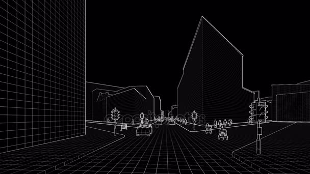 Vliegen in de zwarte getekende stad met mensen en auto 's — Stockvideo
