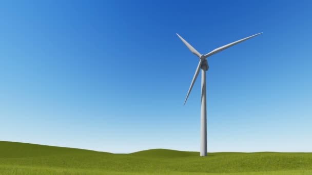 Ветряные турбины на зеленой траве и чистое небо — стоковое видео
