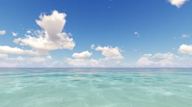 Mavi okyanus ve bulutlu gökyüzü 3d render