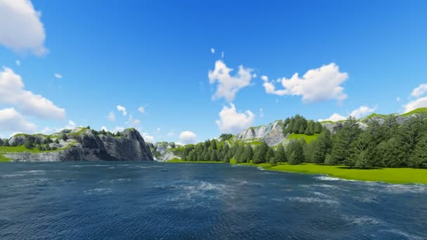 Зеленая гора с лесом и газоном 3D рендеринг — стоковое видео