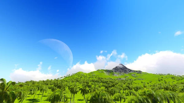 Île tropicale et Lune rendu 3D — Photo