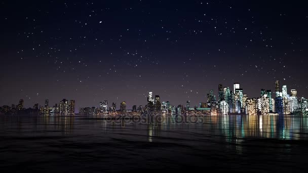 Timelapse città notte vicino al fiume rendering 3D — Video Stock