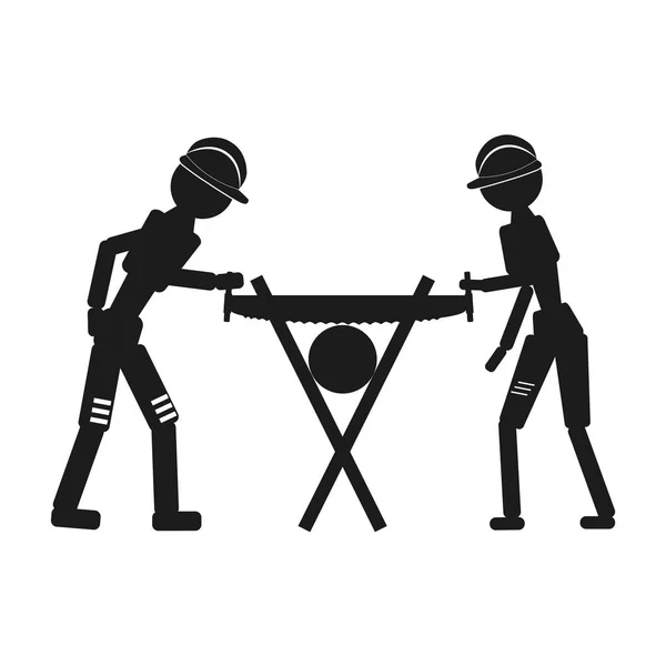 Um homem e uma mulher estão serrando um vetor de log ícone preto no fundo branco . — Vetor de Stock