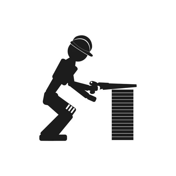 Carpenter with a saw Vector black icon on white background. — Stock Vector