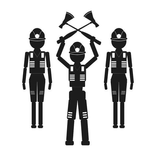 Ein Mann mit zwei Achsen und zwei Assistenten Vektor schwarzes Symbol auf weißem Hintergrund. — Stockvektor