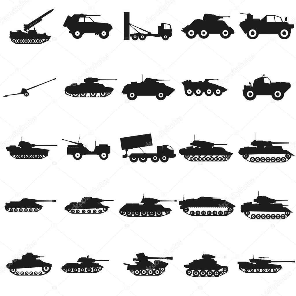 Set Army transport black silhouette icons Vector.
