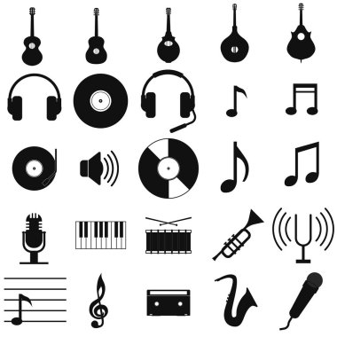 Müzik üzerine beyaz siyah vektör Icon set