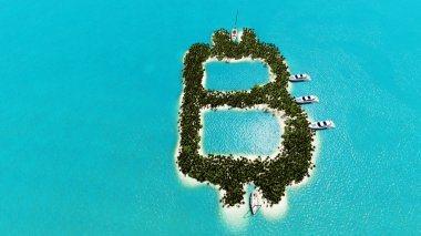 Bitcoin 3d şeklinde tropik ada render