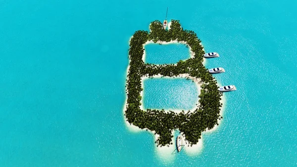 Bitcoin 3d şeklinde tropik ada render
