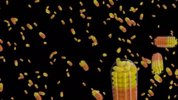 Rode en gele medische pillen vallen kundig voor lus — Stockvideo
