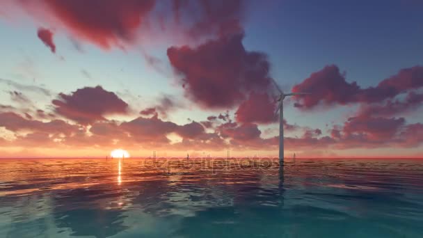 Générateur éolien au coucher du soleil sur la mer — Video