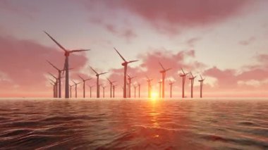 Rüzgar Türbini güç jeneratörleri siluetleri okyanus gün batımında.