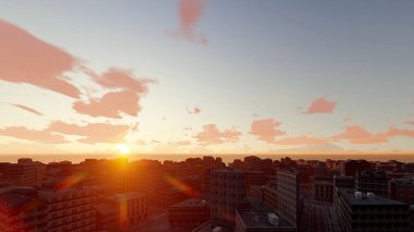 Kentsel günbatımı şehir ve deniz 3d render