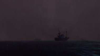 Gemiler okyanus fırtınalı deniz yağmur ile gece üzerinde