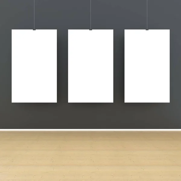 Sala de simulacro, tres carteles blancos en la pared negro representación 3D —  Fotos de Stock