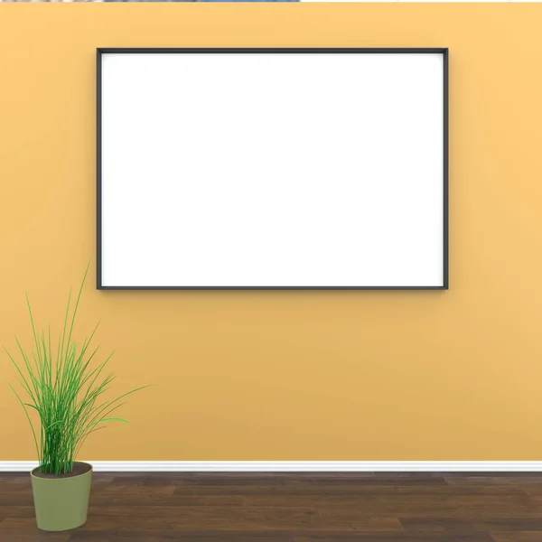 Mock Up Room, weißes Poster auf orangefarbener Wand 3d Rendering — Stockfoto