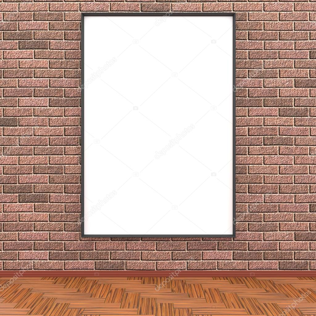 Mock up room, white poster on brick wall 3D rendering