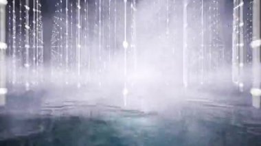 Parlak çizgiler ve karanlık su yüzeyinin arasında 3 boyutlu dumanlı görüntüler.