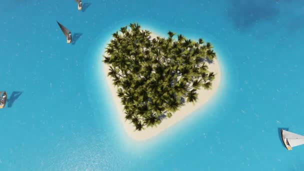 Tropical island heart. Tropical relax. Heart shape. Summer holiday. Clouds float over a beautiful tropical island of palm trees and sand. — Stock Video