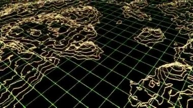 Bilgisayar duvar kâğıdı tasarımı için tekno peyzajlı modern 3D kablo çerçevesi. Siberpunk neon arka plan konsepti. Sarı kart hareketi. 3D animasyon. Modern siber punk duvar kağıdı.