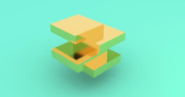 Свет золотой куб вращается 3D кадры. Движение изометрического блока. Части куба движутся и смещаются изолированно на синем фоне анимации рендеринга. Конструкция геометрической формы с петлей 4k — стоковое видео