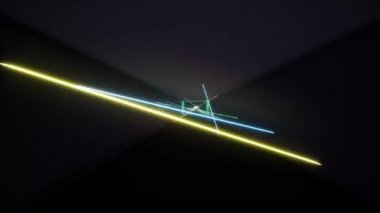 Floresan ultraviyole ışığı renkli lazer ışınları tüneli. Feometrik sonsuz tünel, mavi pembe spektrum 3D görüntüleme. Soyut solucan deliği bilimi.