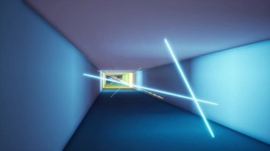 Floresan ultraviyole ışığı renkli lazer ışınları tüneli. Feometrik sonsuz tünel, mavi pembe spektrum 3D görüntüleme. Soyut solucan deliği bilimi.