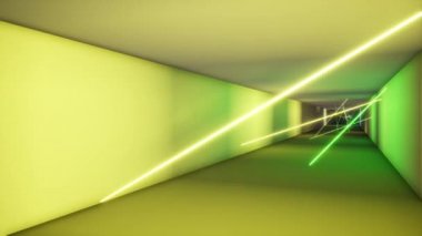 Floresan ultraviyole ışığı renkli lazer ışınları tüneli. Feometrik sonsuz tünel, mavi pembe spektrum 3D görüntüleme. Soyut solucan deliği bilimi.