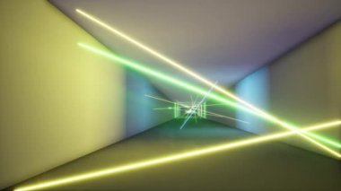 Floresan ultraviyole ışığı renkli lazer ışınları tüneli. Feometrik sonsuz tünel, mavi pembe spektrum 3D görüntüleme. Soyut solucan deliği bilimi.