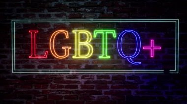 Duvarda Lgbtq artı yazan neon levhası. Renkli gurur tasarımı. Alıntı harfleri. Gökkuşağı arkaplanı.