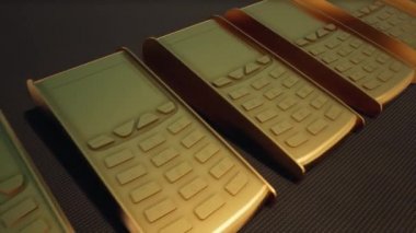 Kredi kartı ödemeleri için gerçekçi altın hasıraltı terminalleri. Kamera altınlar boyunca hareket ediyor. Ödeme terminali modeli.