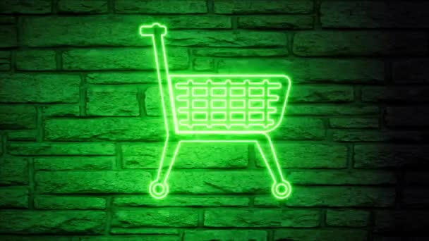 Carrito de compras verde parpadeo de neón sobre fondo de ladrillo. Compras, oferta, fondo de descuento . — Vídeo de stock