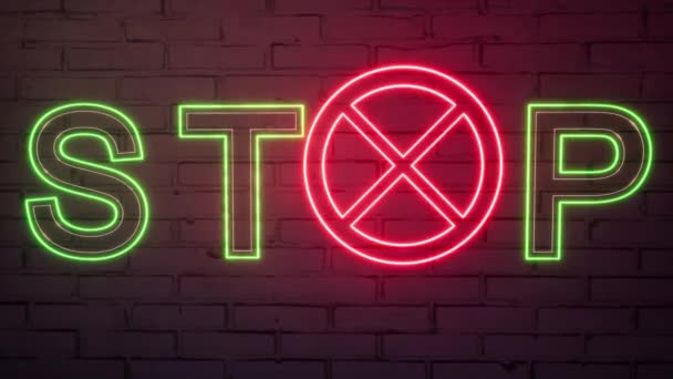 Neon Stop Sign Violence. Neon blinks on a brick wall background. — 图库视频影像