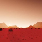 Powierzchnia Marsa na ciemnym tle. Pustynia, piasek. Krajobraz obcych. Planeta Ziemia. Mars czerwonej planety.