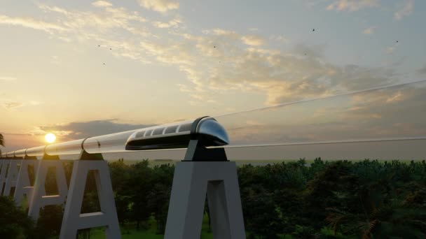 Maglev Monorail hiperpętla na zachmurzonym tle. Ilustracja 3D. Ilustracja technologii przyszłości. Wirtualne podróże. — Darmowe wideo stockowe