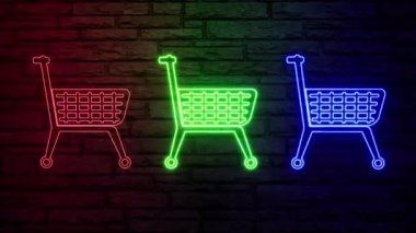 Açık arkaplanda renkli neon renkli bir alışveriş arabası. Dükkan ikonu. Doğrusal grafik. İnce çizgili çizim. Düz dizayn. Turuncu soyut arkaplan. Grafik elementi. Trolley simgesi.