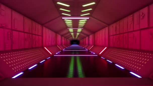 Abstract op rode achtergrond. Technologie achtergrond. Abstracte lichtgang. Futuristische tunnel. Ruimte behang. Abstracte futuristische donkere gang interieur ontwerp. Neonkamer. Rode gloed. — Stockvideo