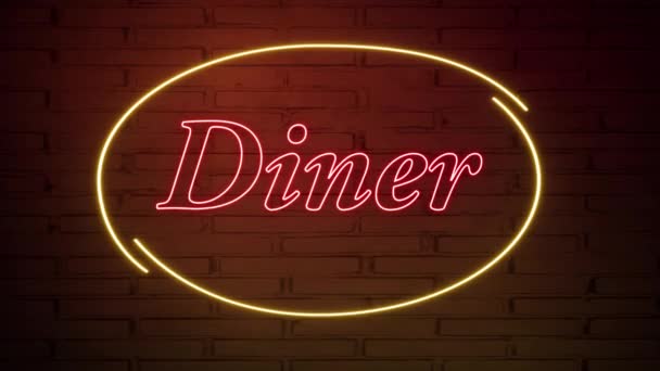 Diner neon skylt på tegelväggen.. Retro ljusskylt. Matbakgrund. Amerikansk mat. Mörk bakgrund. Svart fredag bakgrund. Rosa bakgrund. Nattklubbens neonskylt. — Stockvideo