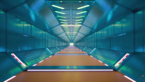 光を背景にした未来的なトンネル。グラフィック抽象的な背景。空の空間黒の背景未来的な技術設計。ブルー・グローネオンルームショールーム. — ストック動画