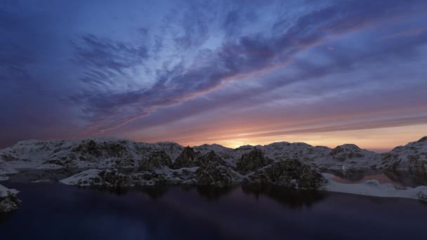 Blauwe sneeuw bergen zeelandschap in prachtige stijl op groene achtergrond. Oceaanachtergrond. Blauwe abstracte achtergrond. Panoramisch uitzicht. Groen silhouet bos abstracte achtergrond. — Gratis stockvideo