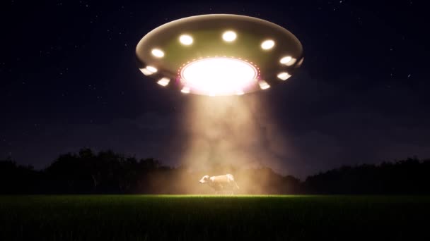 Ufo корова в ретро стилі на світлому фоні. Краєвид країни. Інопланетний космічний корабель. Викрадення космічного корабля Ufo. Сільський пейзаж. Корова, плоский дизайн. Космічний фон. Літаюча тарілка. Фермерські тварини . — стокове відео