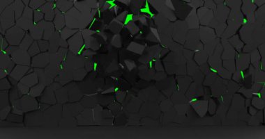 Siyah duvar kırılır ve parçalar yavaşça yere düşer. Yeşil ekran. - Evet. Eski grunge yıpranmış duvar arkası. Klasik tasarım. Soyut model. Sanat tasarımı. Eski boya..