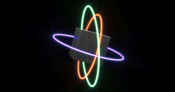 Neonowe pierścienie obracają się wokół wielokąta. Możliwość pętli bez szwu — Wideo stockowe