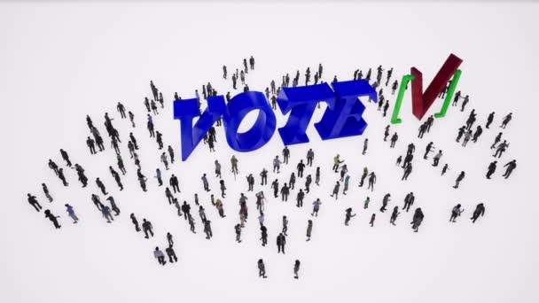 Голосуйте за людей. Великий синій знак голосування. Група людей стоїть навколо знака голосування на білому тлі . — стокове відео