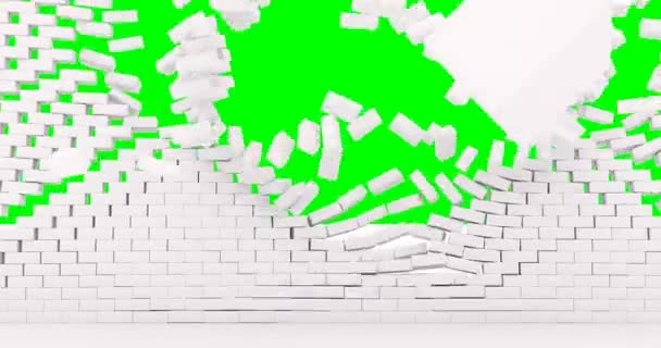 Bílá cihlová zeď se zhroutí a cihly spadnou na zem. Obrazovka je zelená. — Stock video
